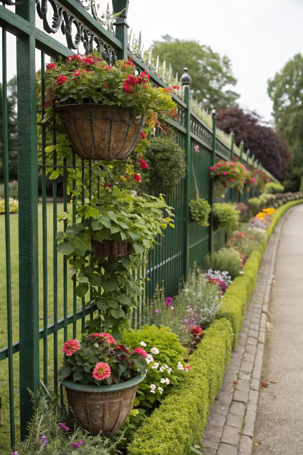 Hanging planters create a dynamic, living fence.