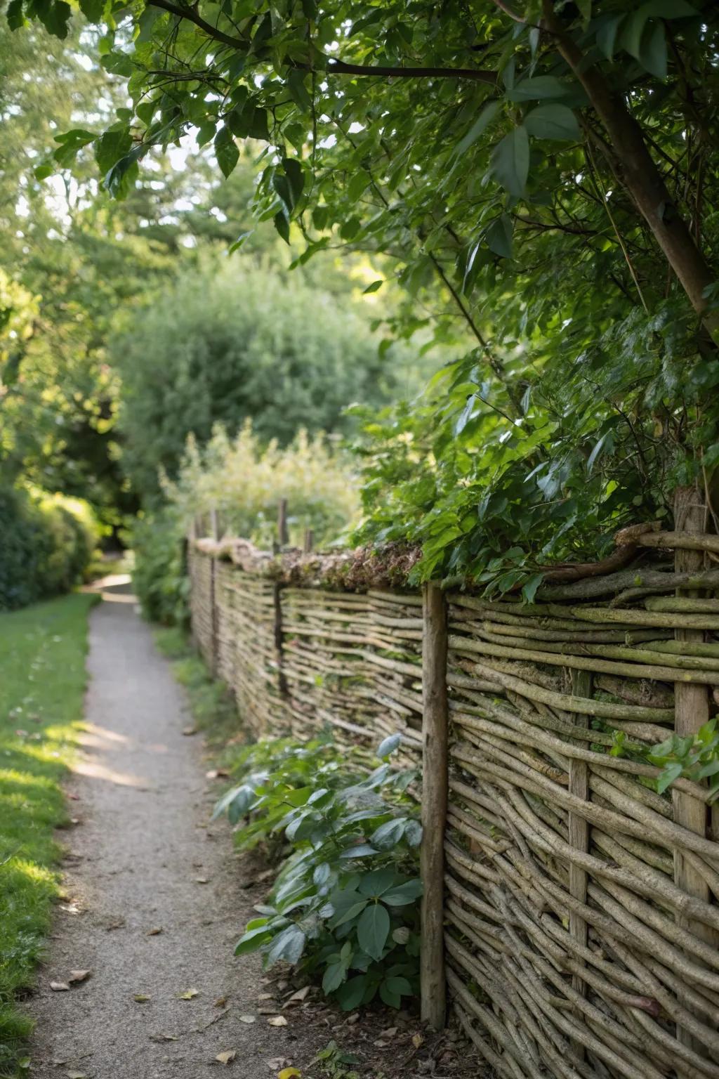 A rustic garden wall featuring wattle fencing.
