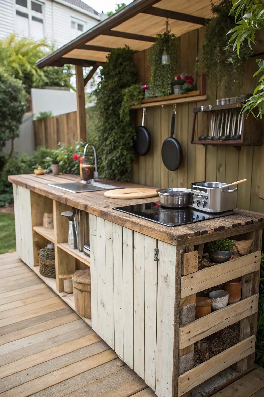 Pallet wood countertops are a sustainable and chic addition to outdoor kitchens.