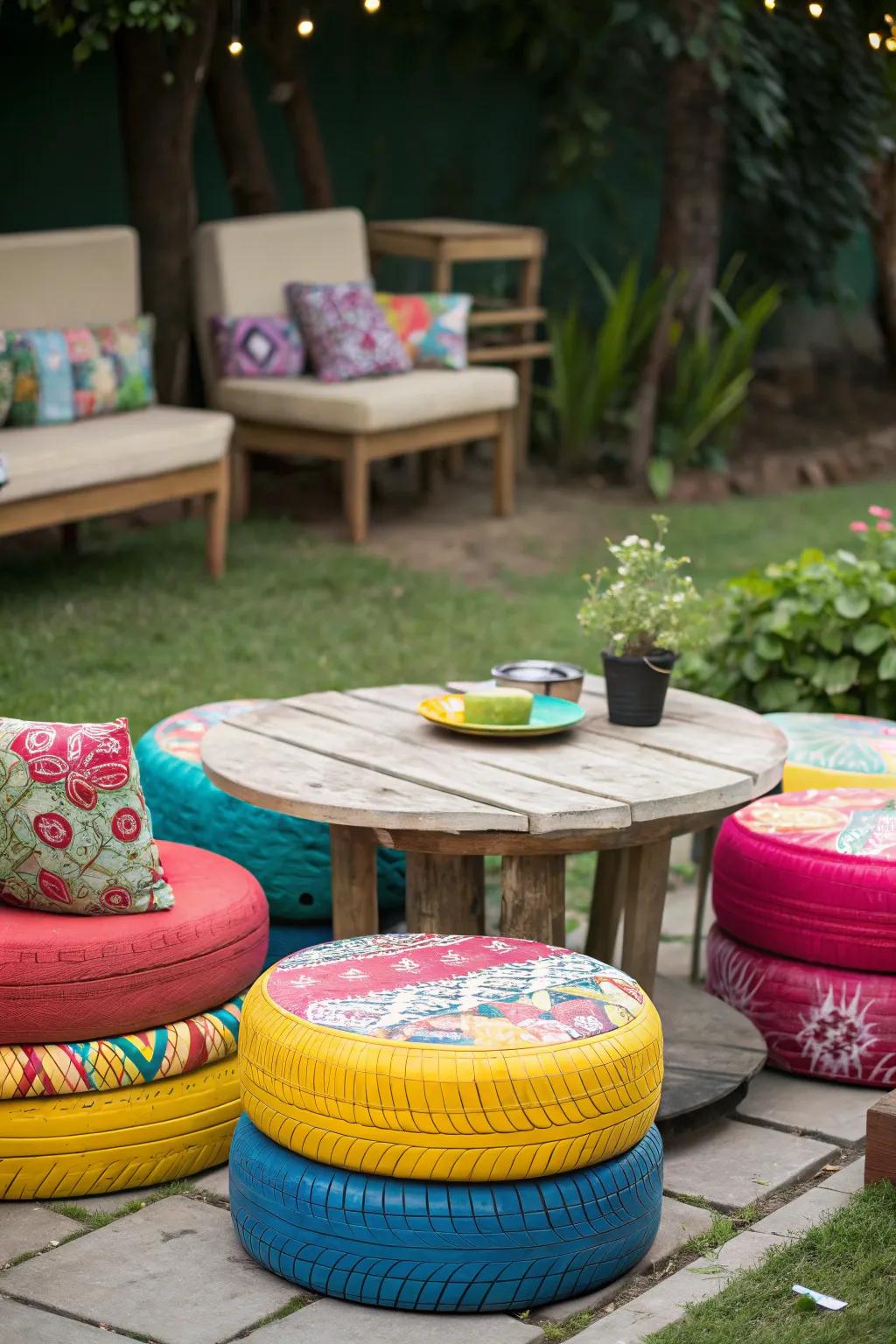 Get creative with upcycled tire seating.