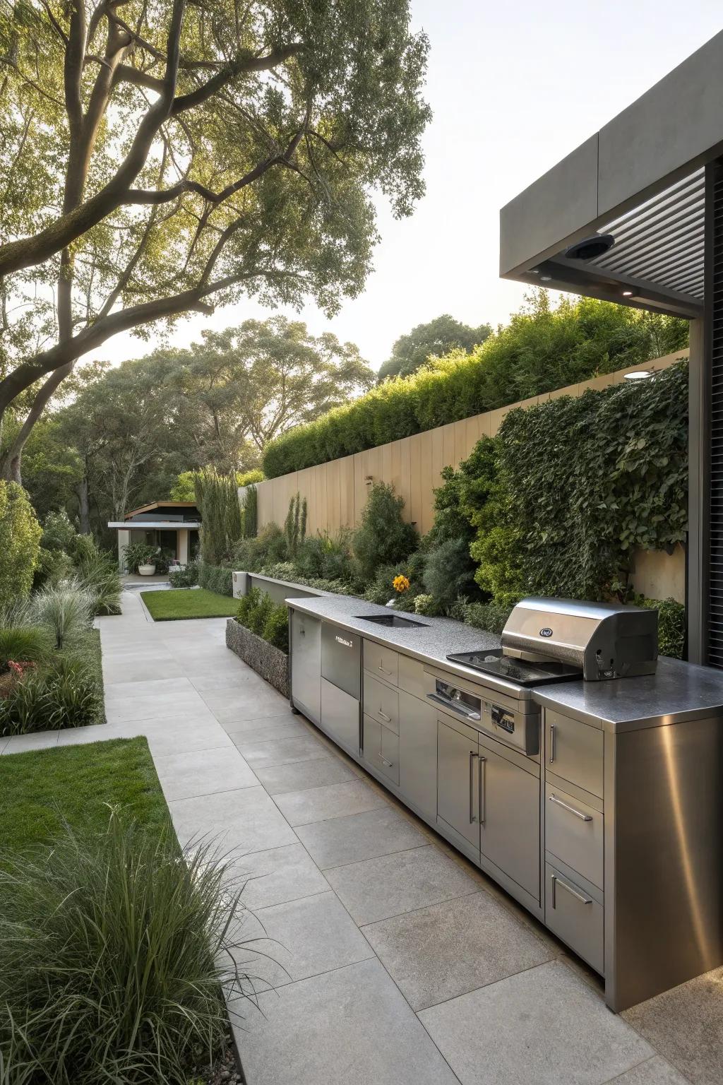 Metal countertops bring a modern edge to any outdoor kitchen.