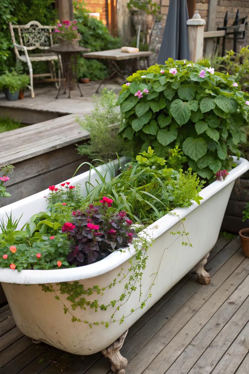An old bathtub serves as a quirky and deep raised bed.