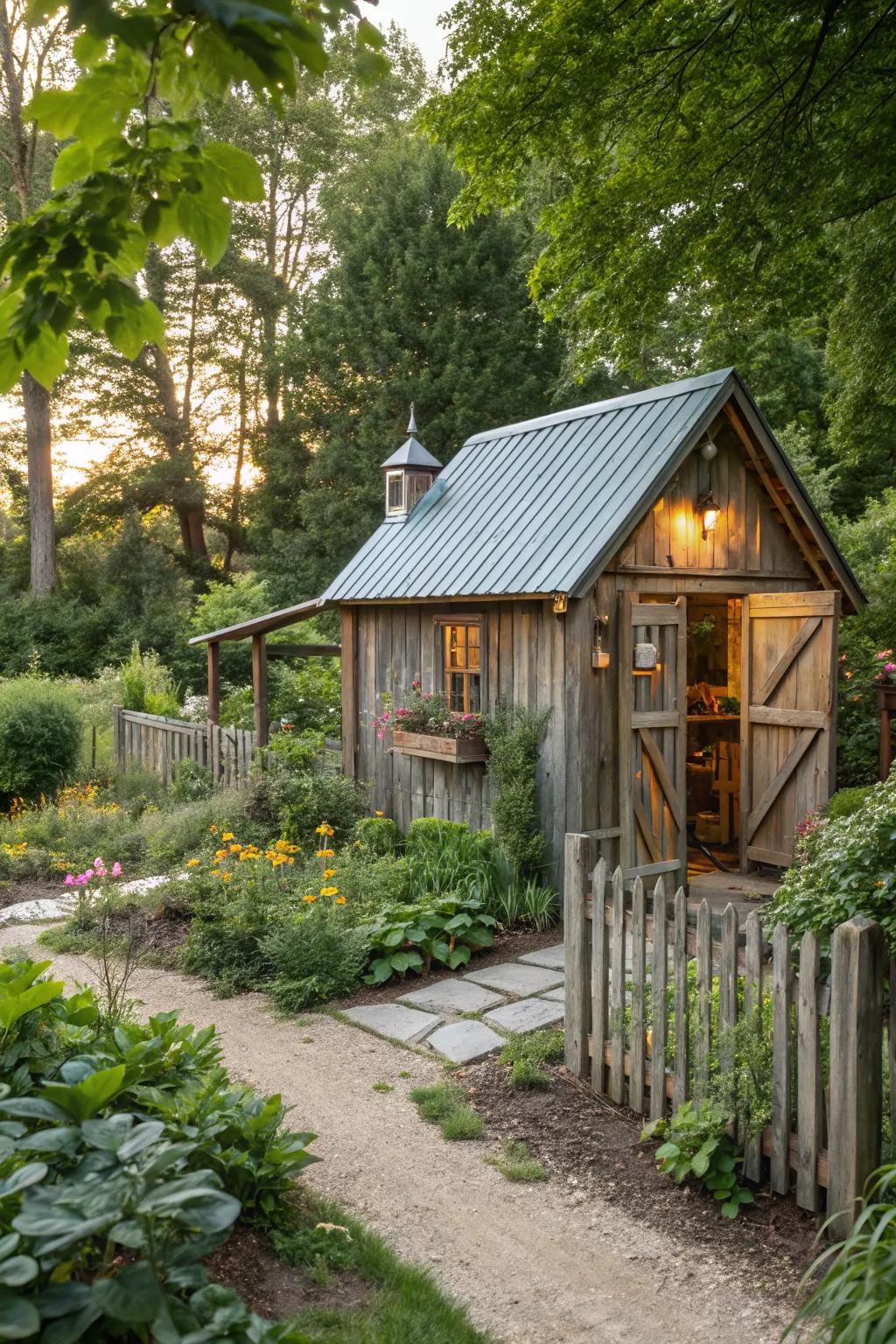 A tin roof provides durability and style to a shed.