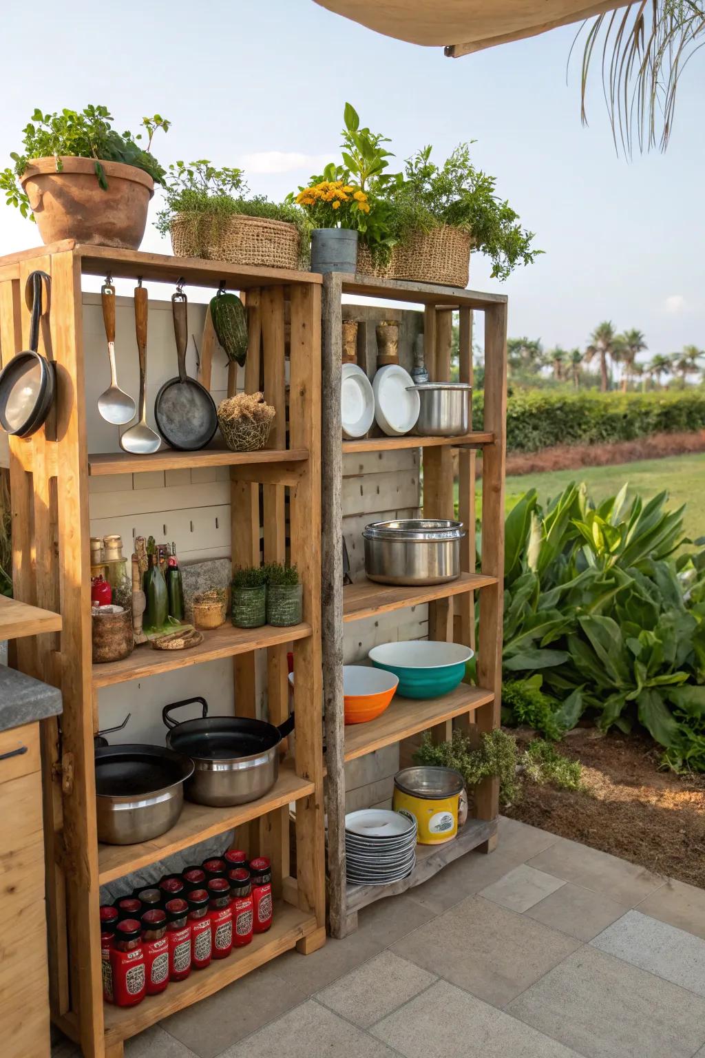 Upcycled shelves offer practical storage with rustic appeal.
