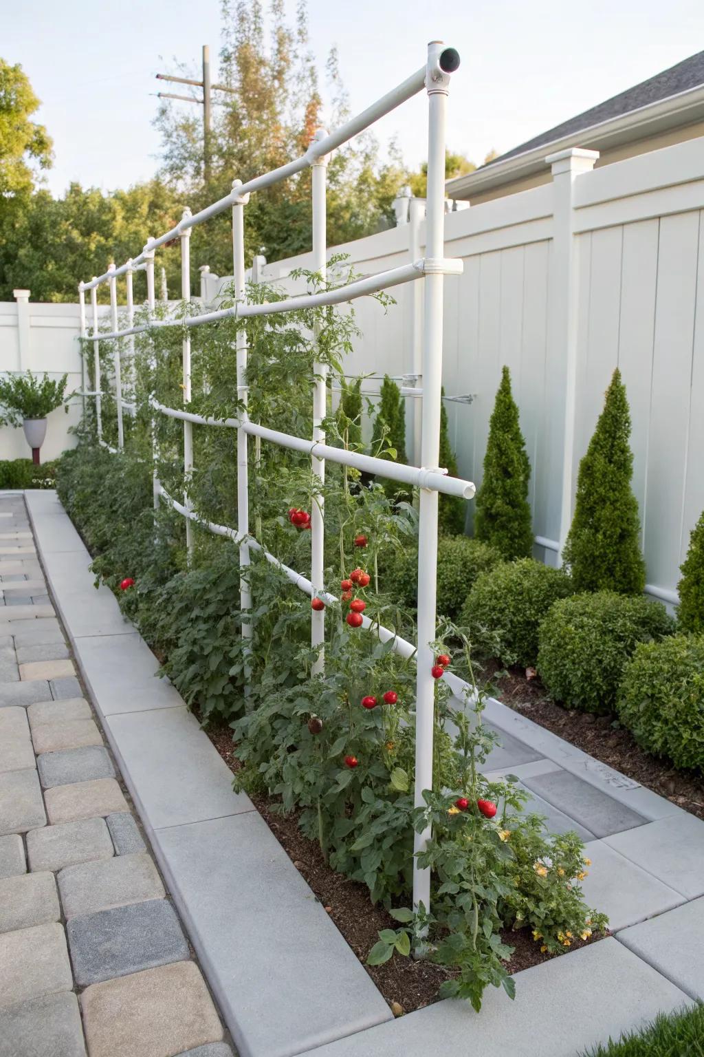 A sleek PVC pipe trellis with cherry tomatoes growing vigorously.