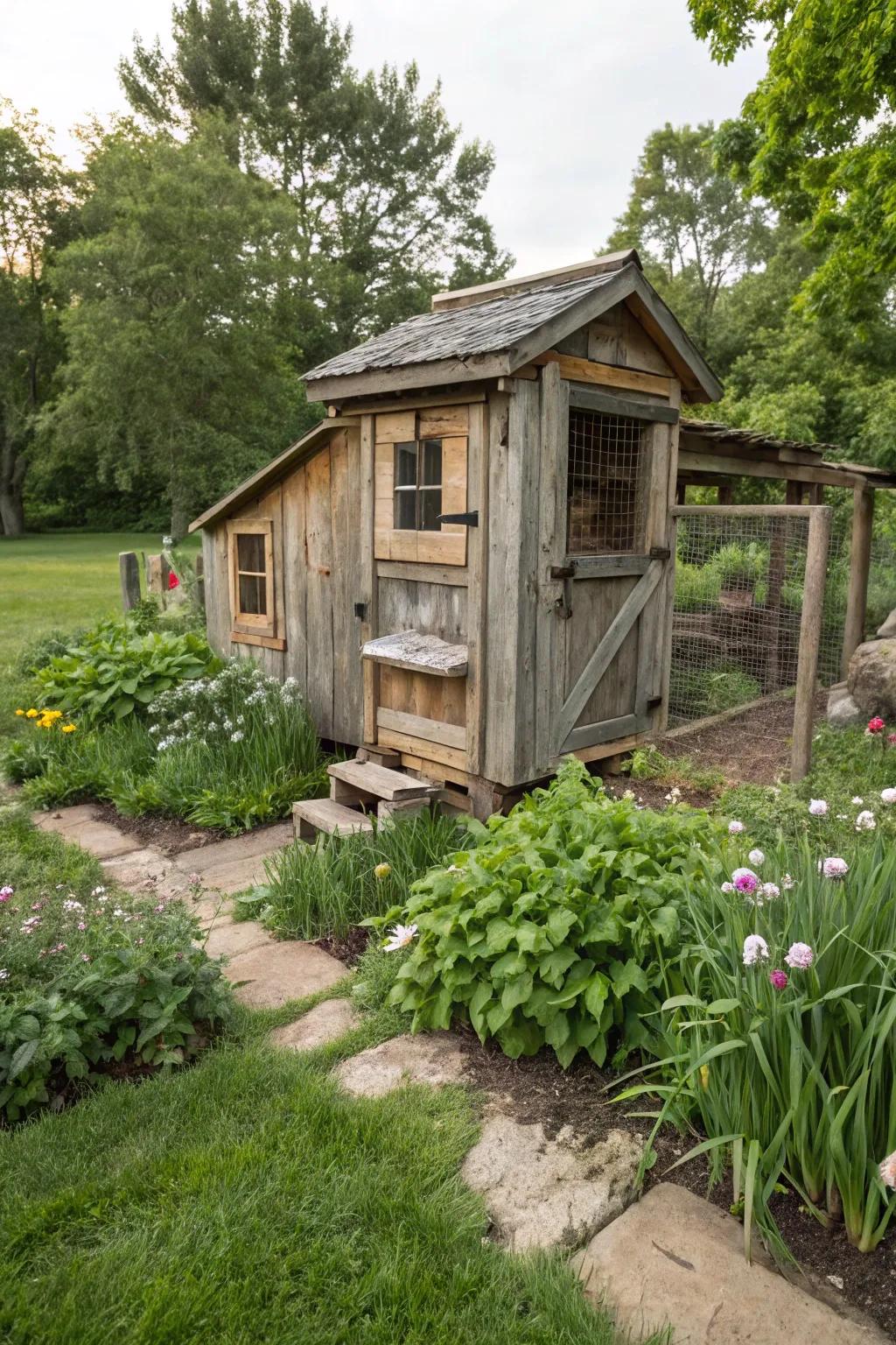 Rustic materials create a cozy and natural coop aesthetic.