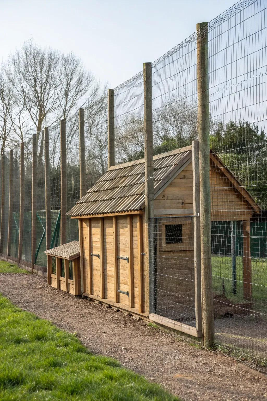 Secure fencing keeps these chickens safe from predators.