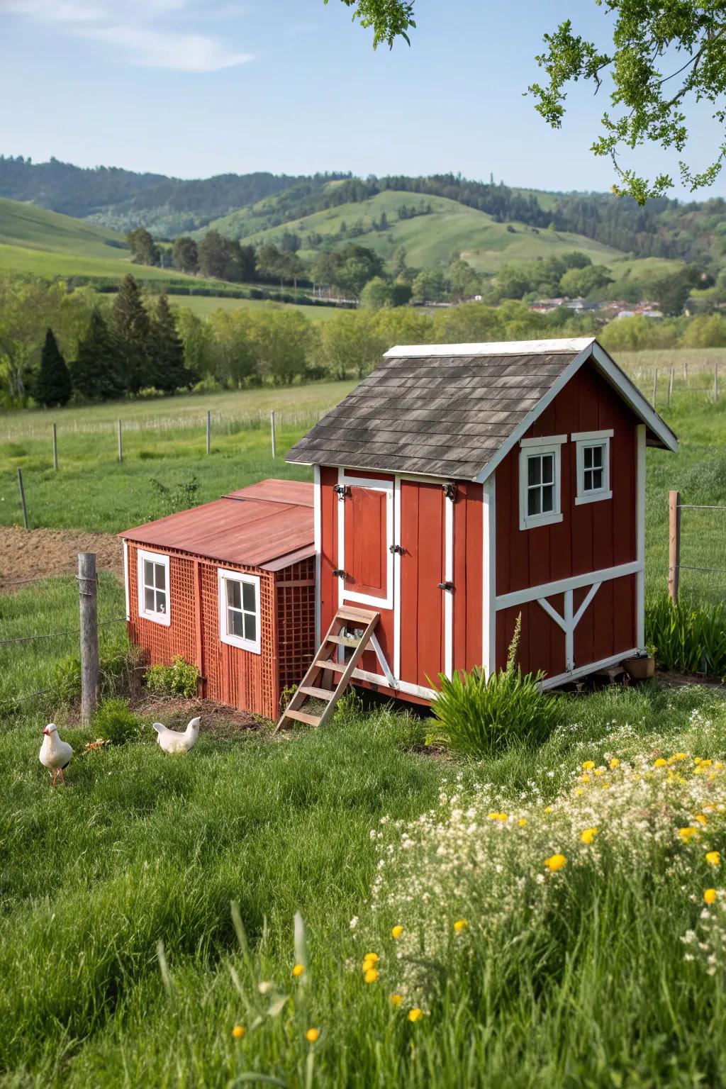 A classic red barn-style chicken coop with a nostalgic charm.