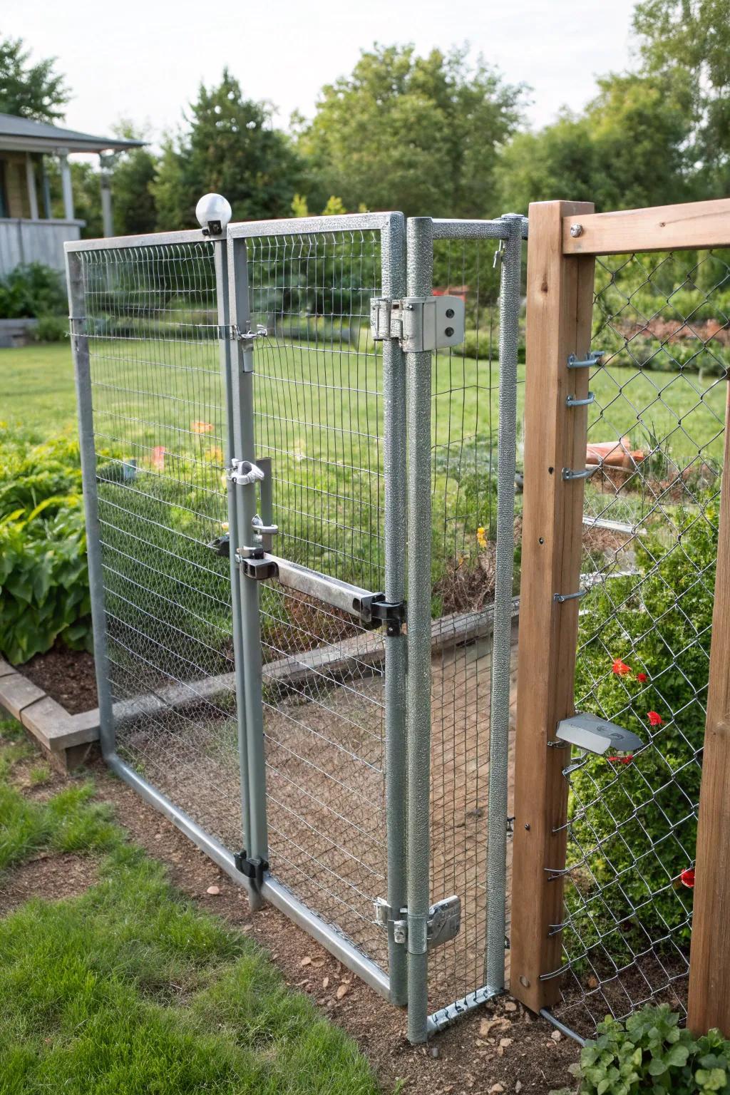 A highly secure gate with reinforced features for predator protection.
