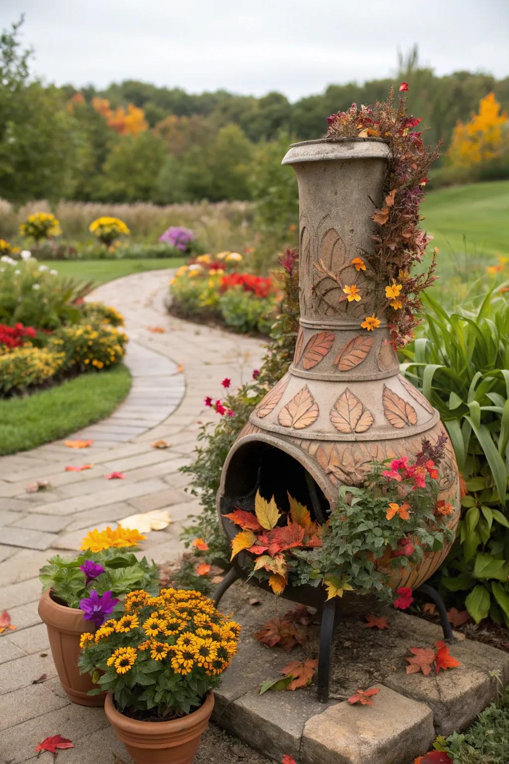 Match your chiminea decor to the changing seasons.