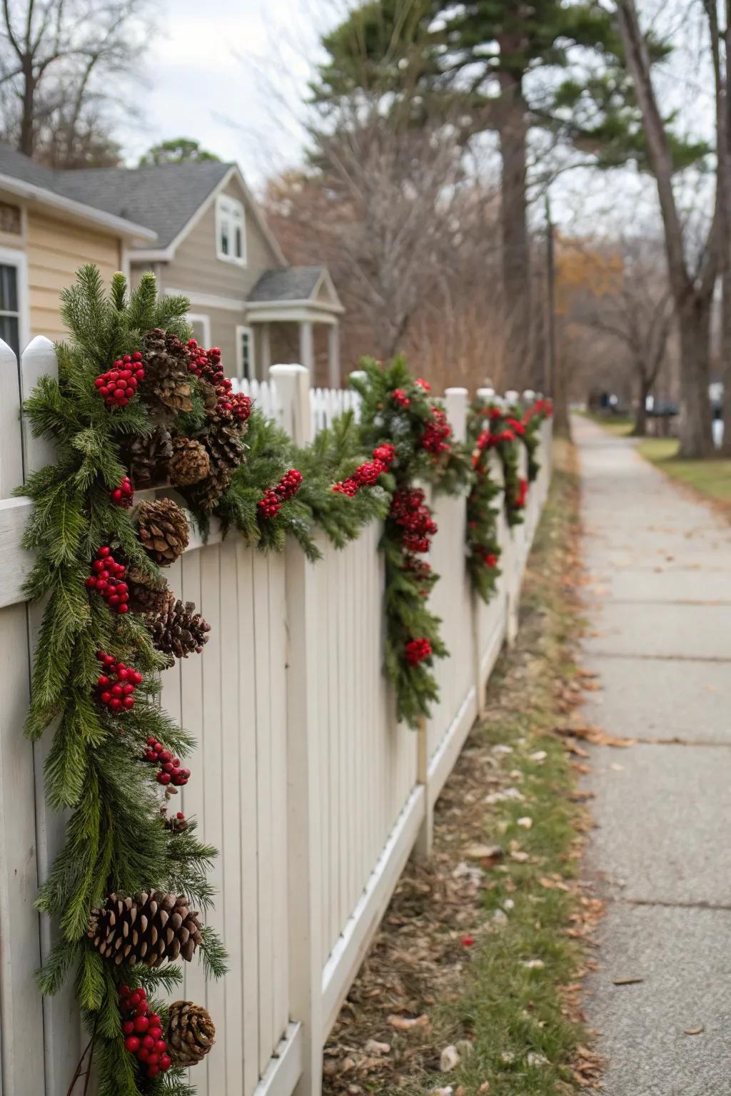 Pinecone and berry garlands add rustic charm to the fence.