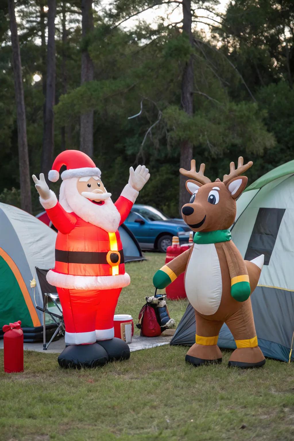 Inflatable characters add fun to your Christmas in July celebration.