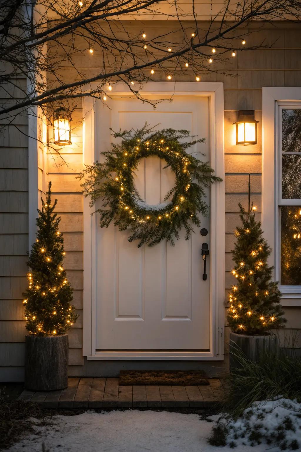 A welcoming lighted wreath on a front door.