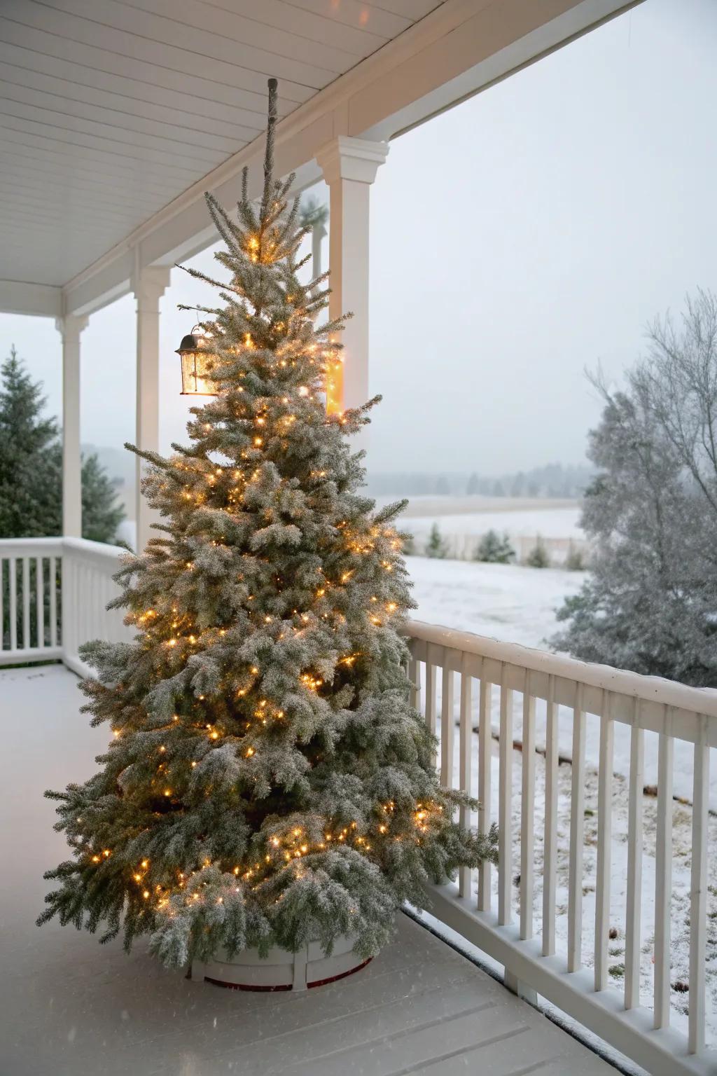 A frosted Christmas tree brings a winter wonderland feel to your porch.