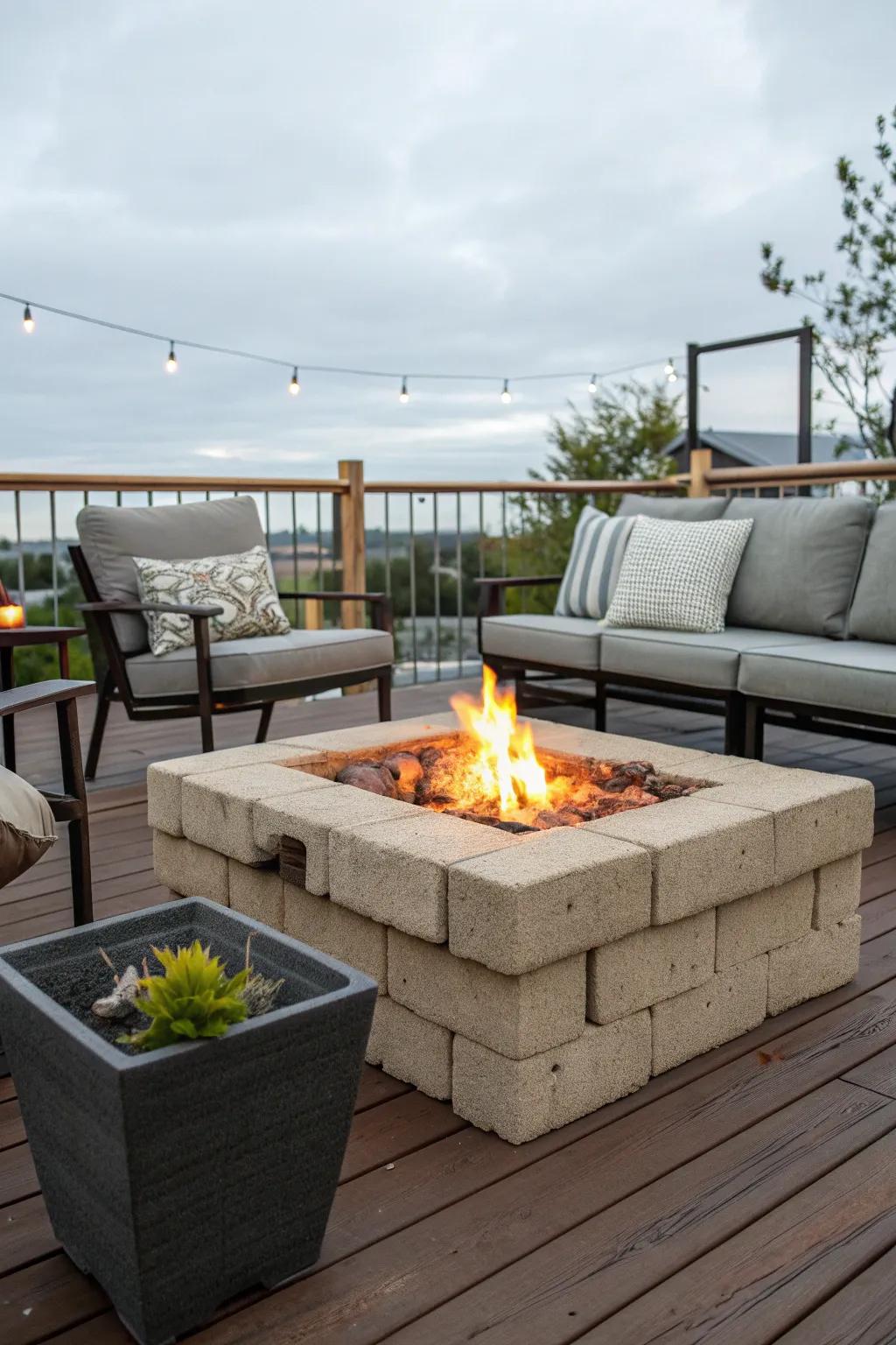 A cinder block fire pit transforms your deck into a cozy gathering place.