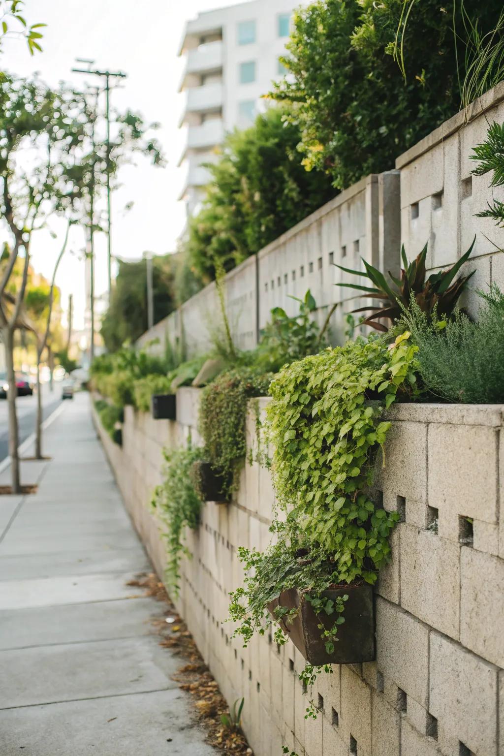 A stylish cinder block privacy wall adds seclusion and greenery.