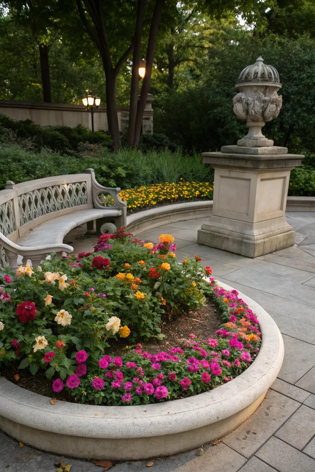 A circular flower bed with complementary hardscape elements.