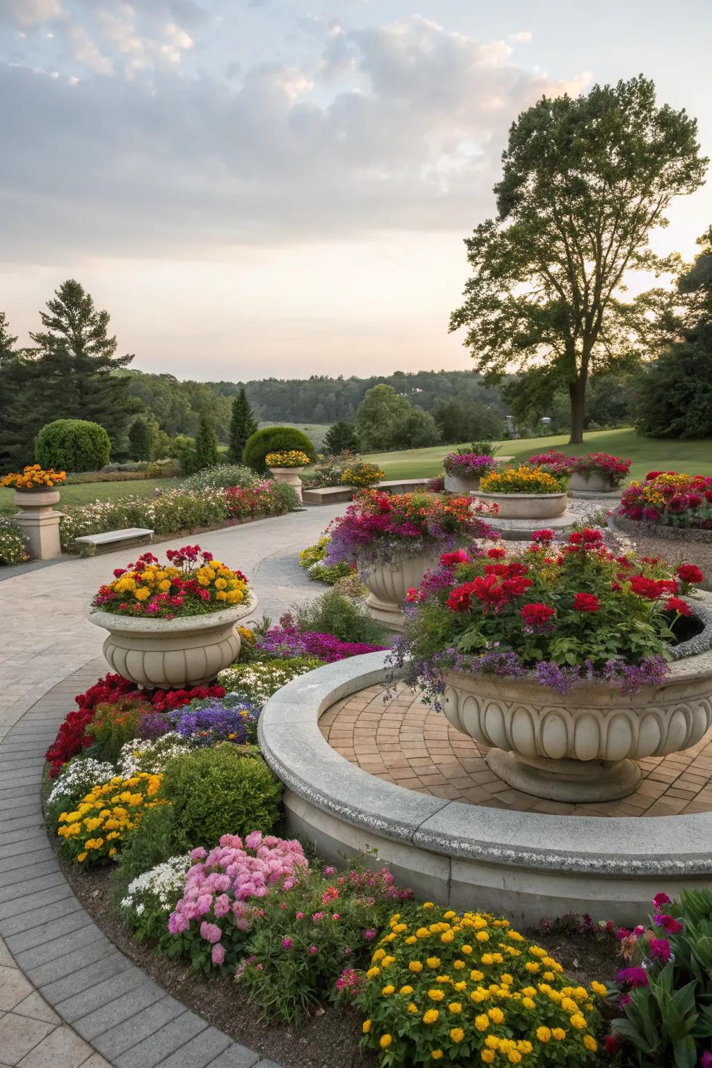 Decorative planters add vertical interest to a circular garden.