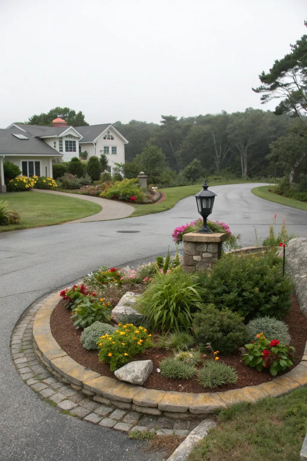 A landscaped circle adding charm to a driveway.