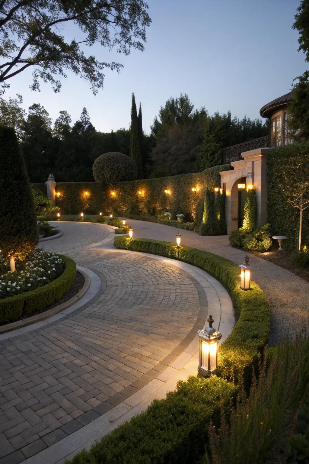 Lighting fixtures highlighting driveway features.