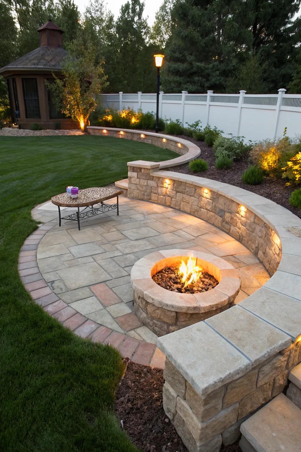 Built-in seat walls provide a permanent and stylish seating solution around a fire pit.