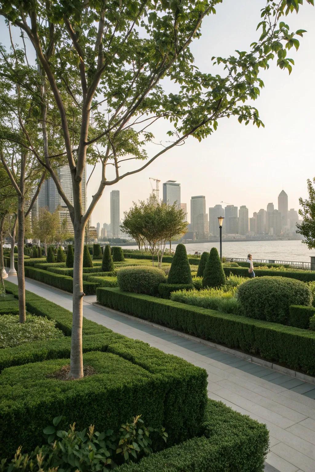 Natural privacy elements like hedges and trees in a city front yard.