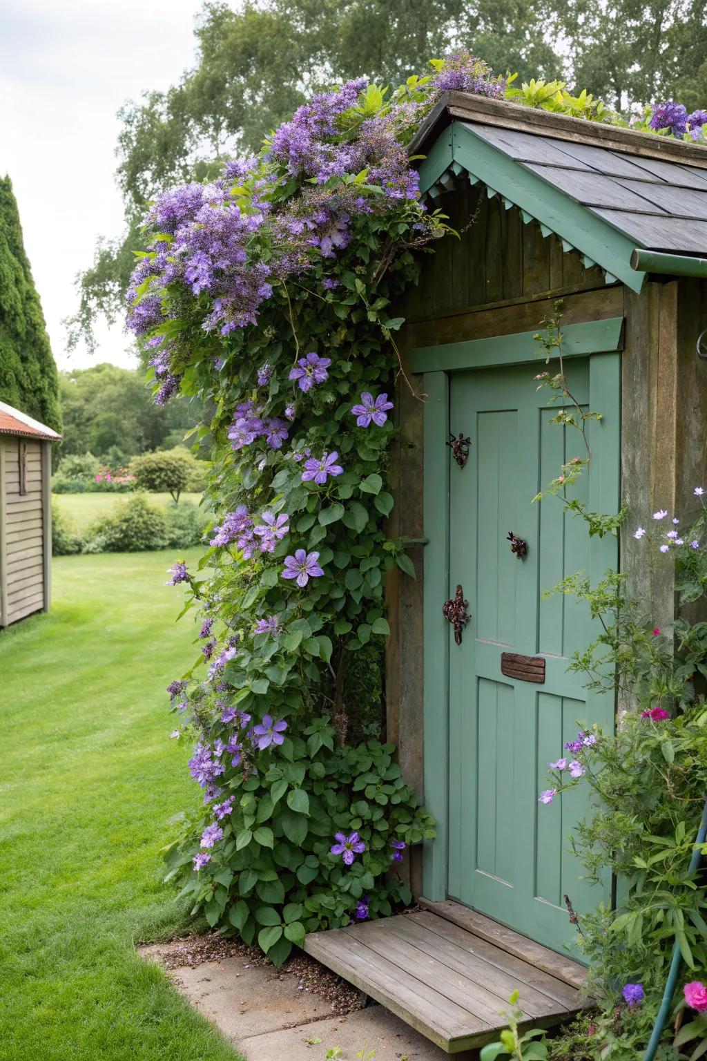 Clematis beautifully framing a garden shed door.