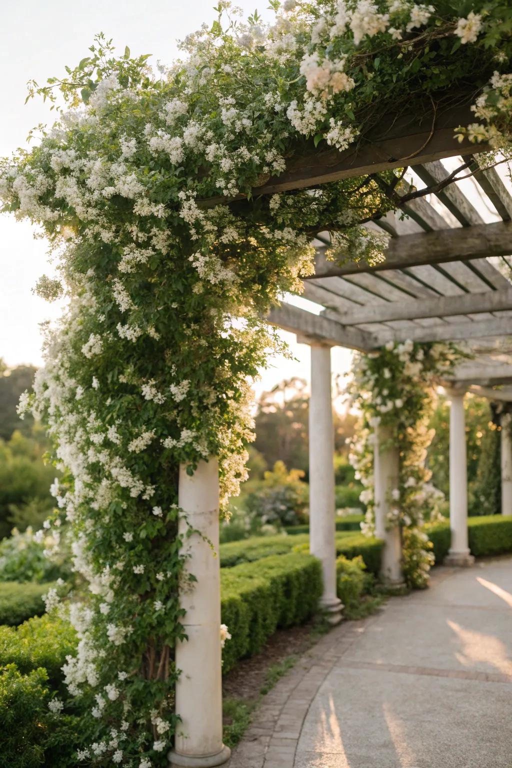A serene pergola draped in fragrant jasmine