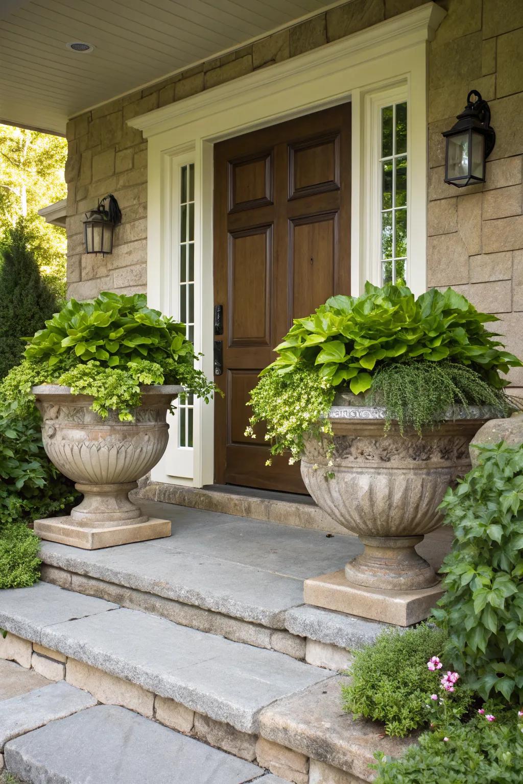 Stone planters bring natural elegance to coastal decor.
