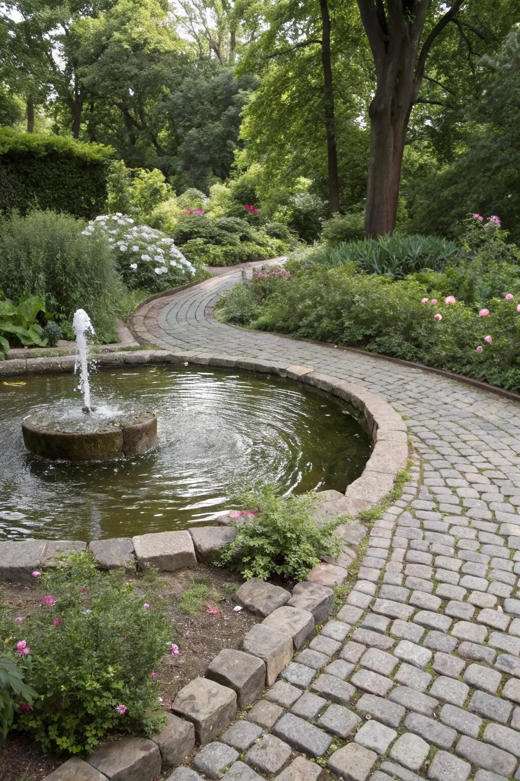 A cobblestone water feature in the garden.