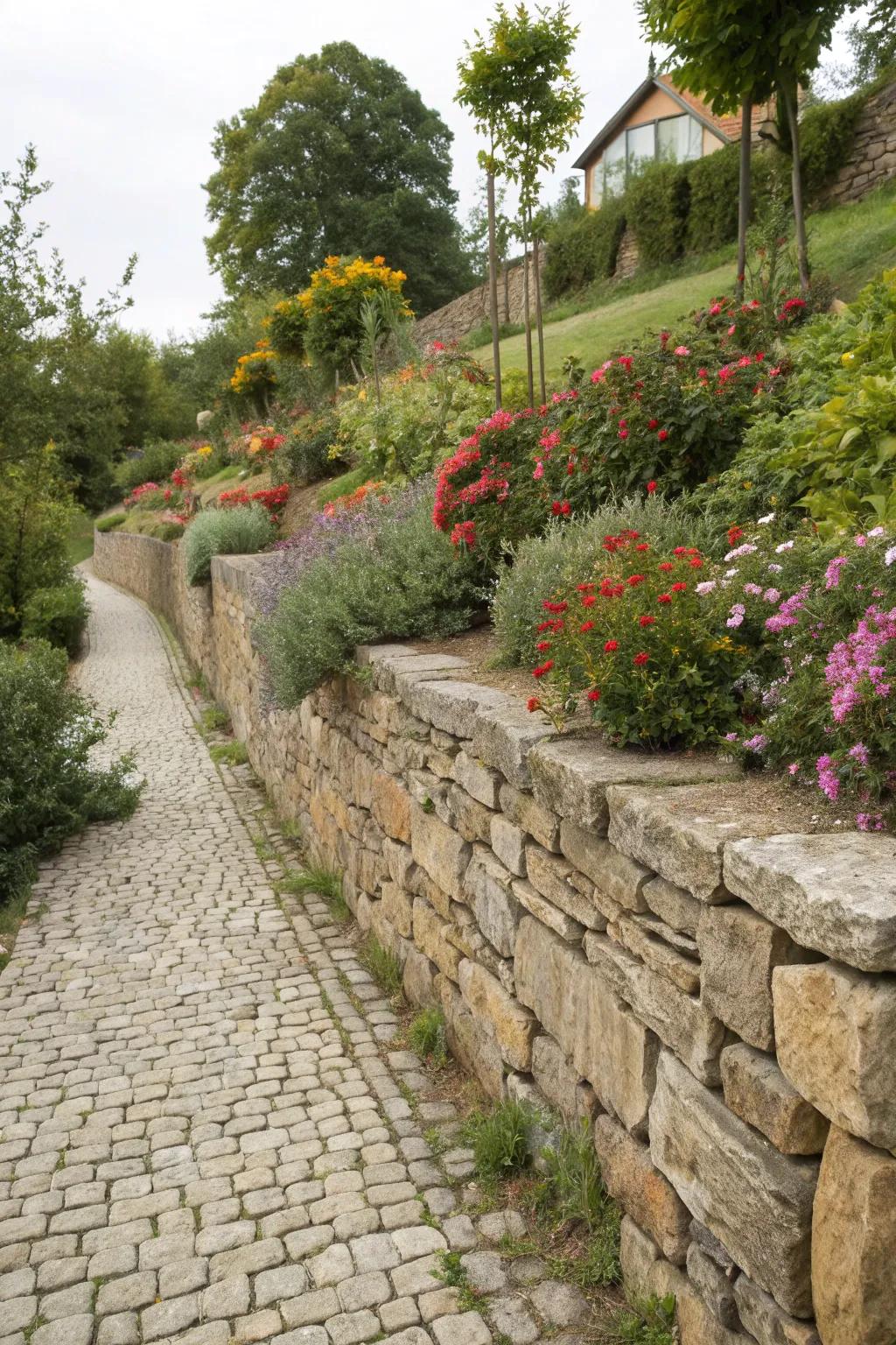 A sturdy cobblestone retaining wall that complements the garden.