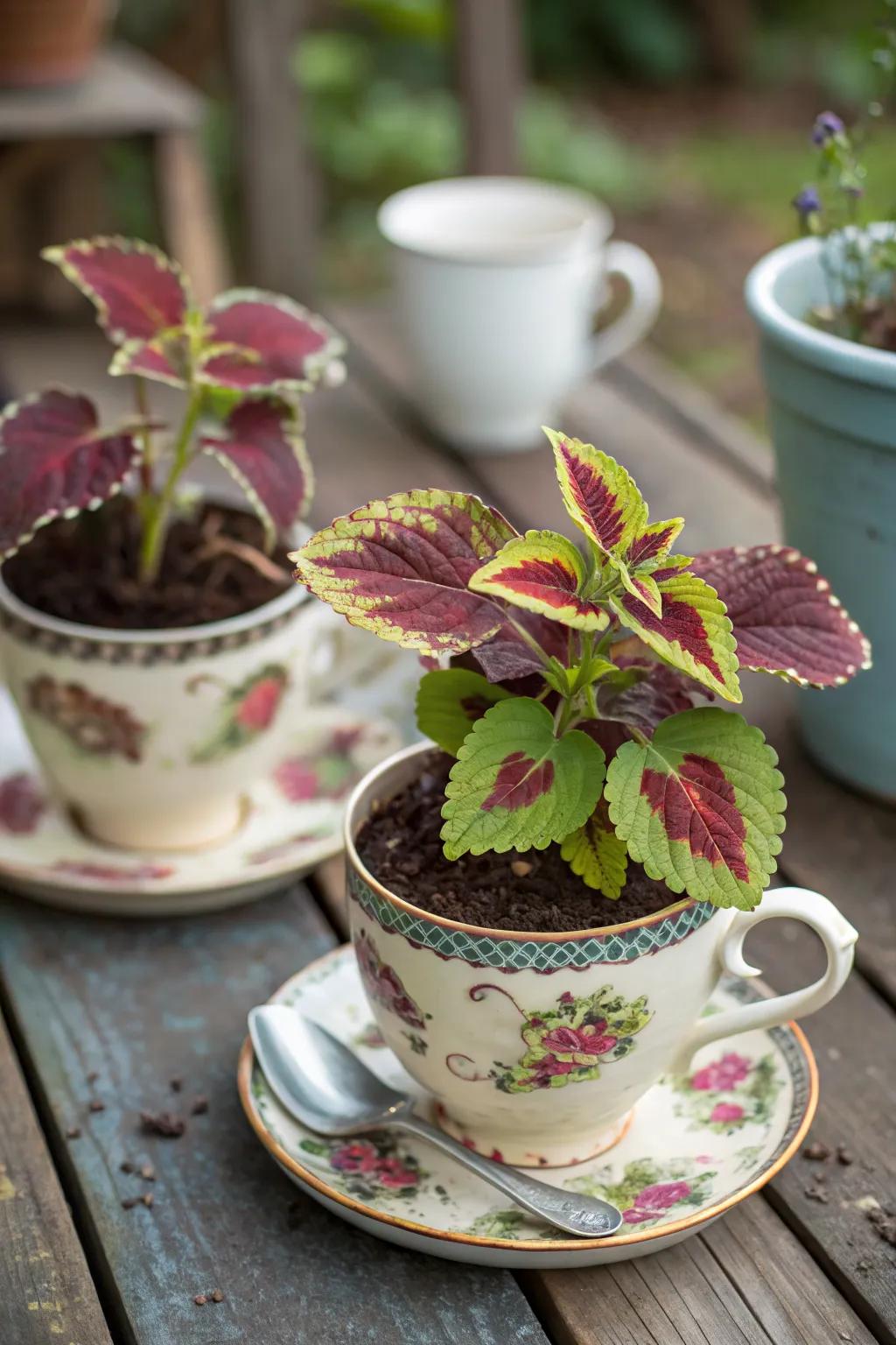 Quirky Vintage Chic with Coleus in Teacups