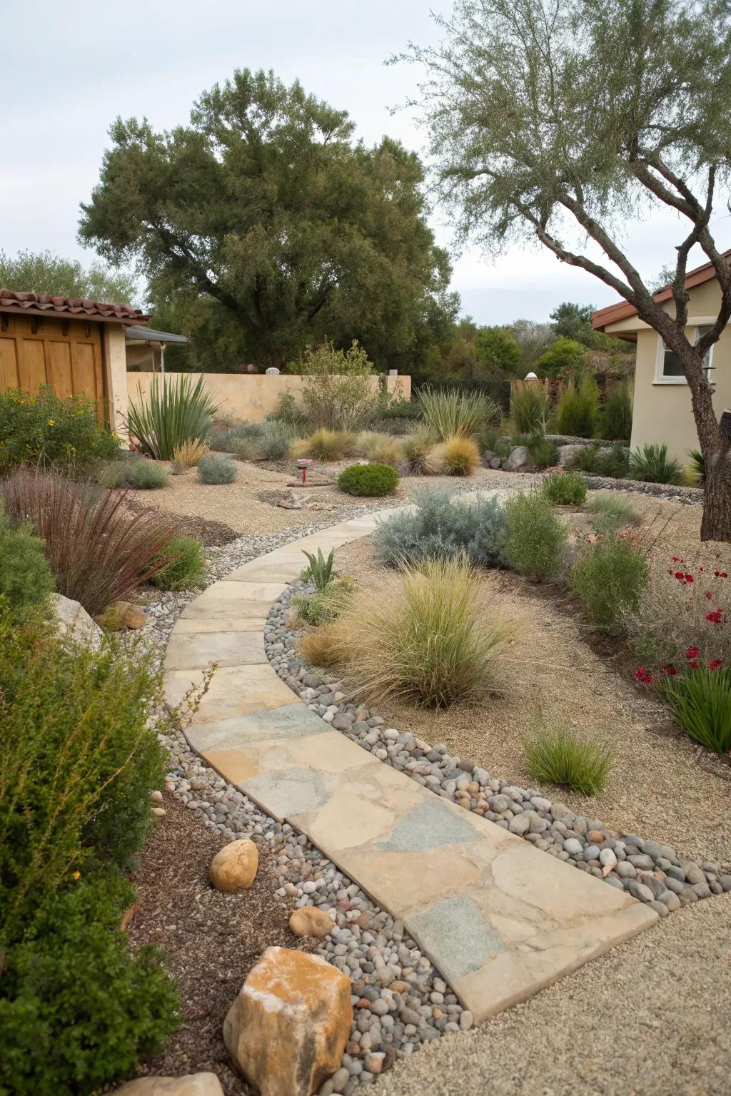 Minimal grassy areas keep a xeriscape low-maintenance and water-efficient.