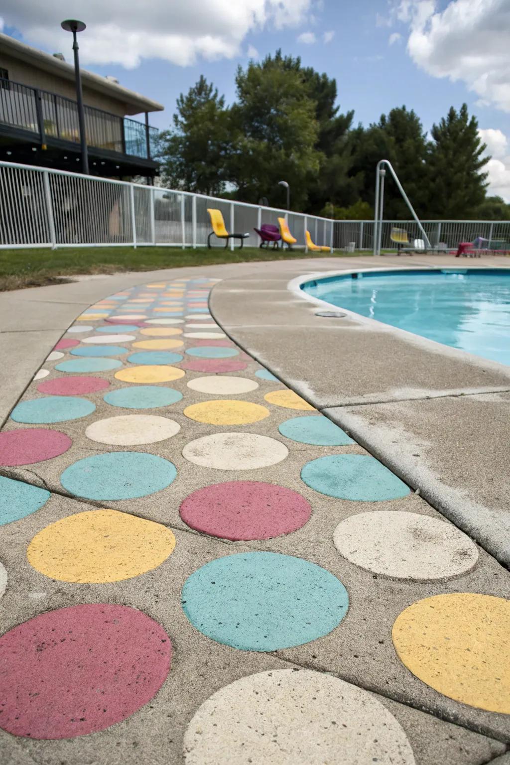 Playful patterns add artistic flair to concrete decks.