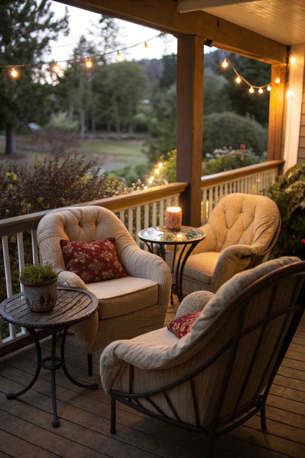 An intimate seating arrangement with plush chairs and a small table on a cozy porch.