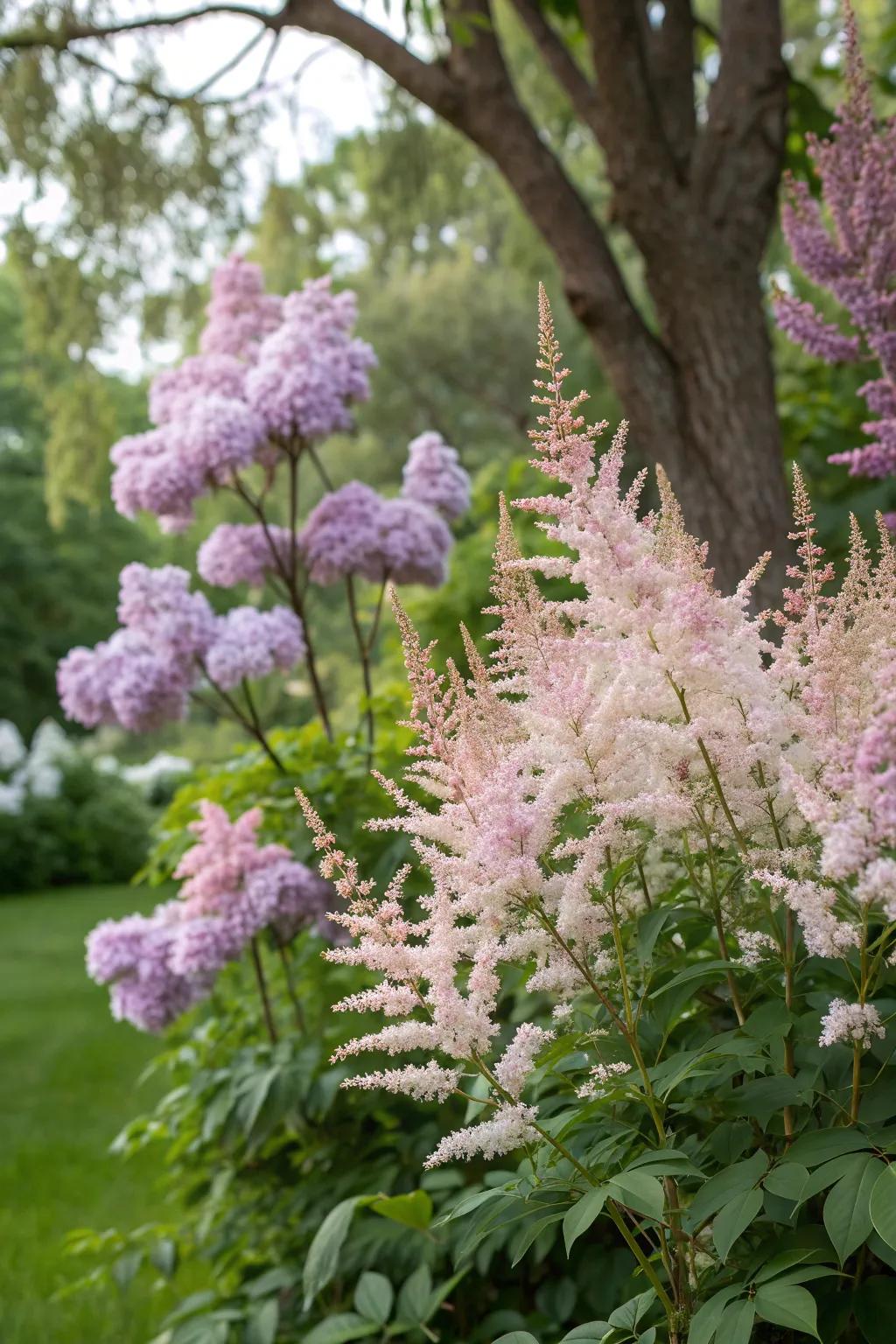 Astilbe thrives in the shade of lilac trees, adding texture.