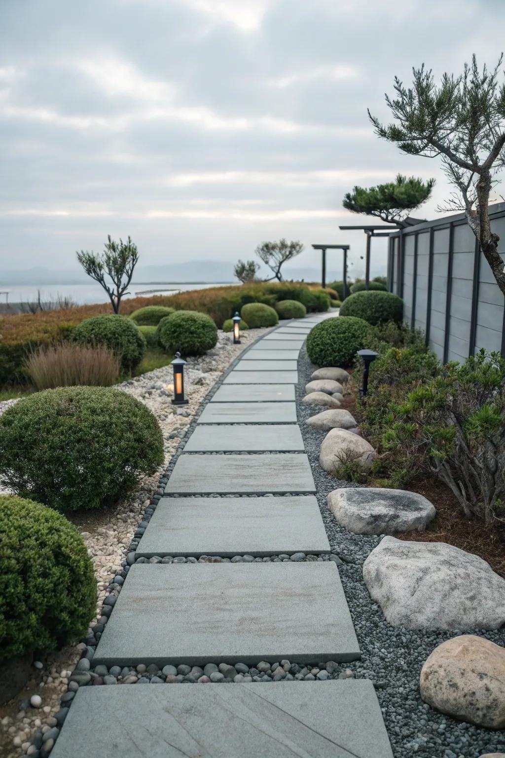A calming zen garden pathway crafted from composite materials.