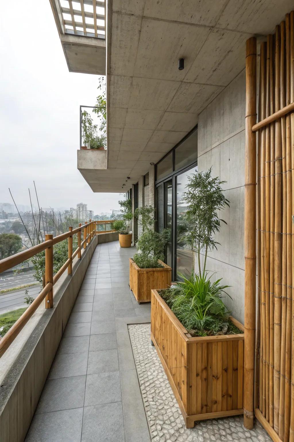 Urban meets natural on a stylish concrete balcony.