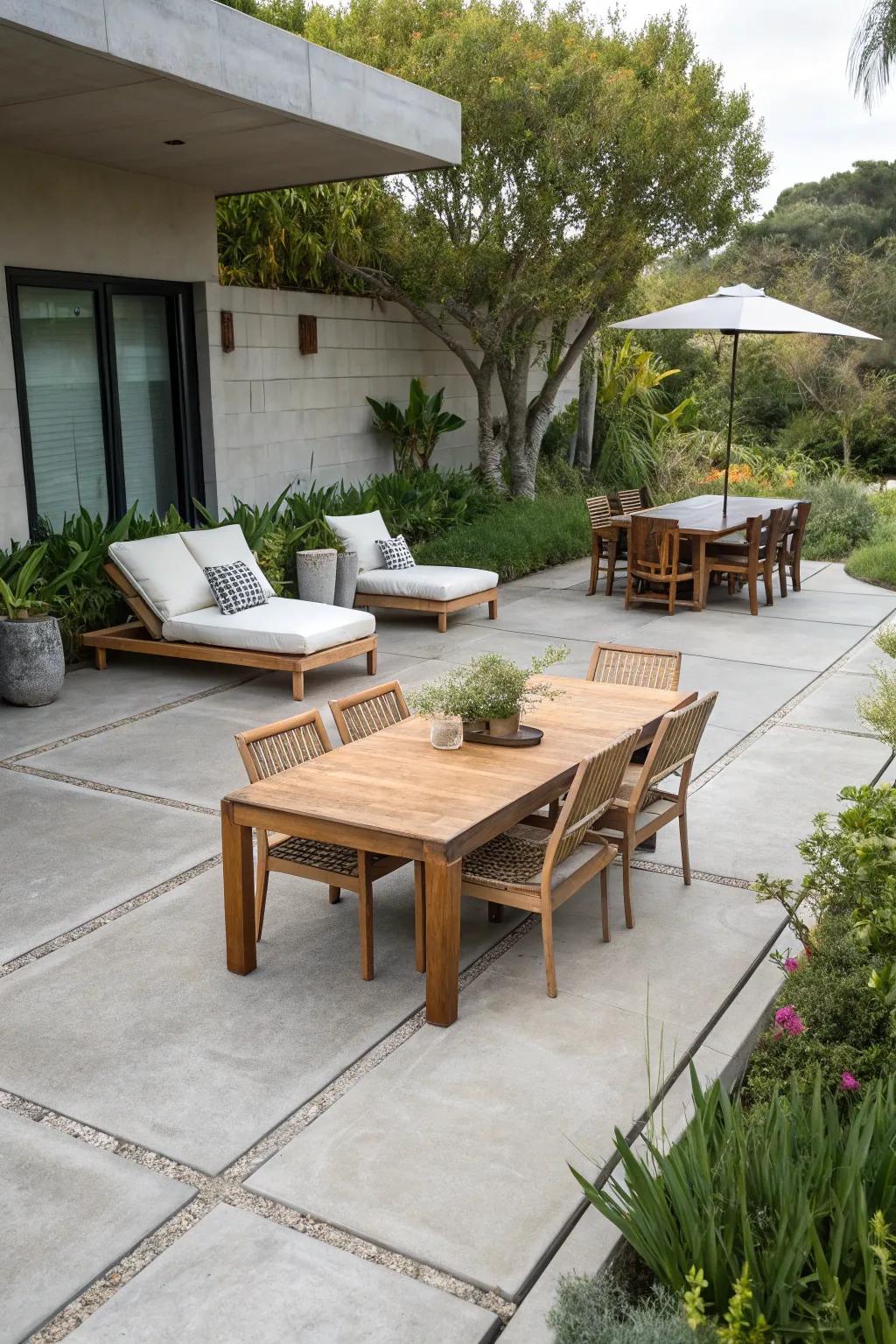 A versatile patio with distinct functional zones.