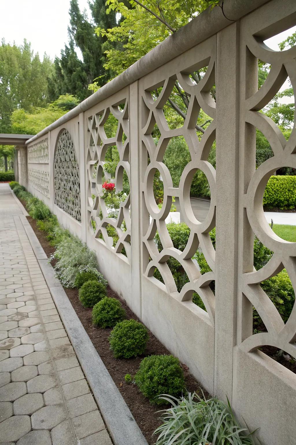 Creative patterns turn this concrete fence into a garden feature.
