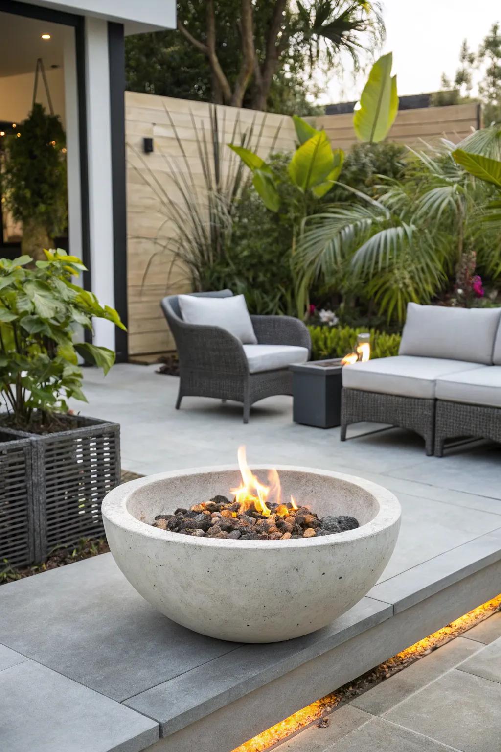A concrete fire bowl that serves as an eye-catching centerpiece.