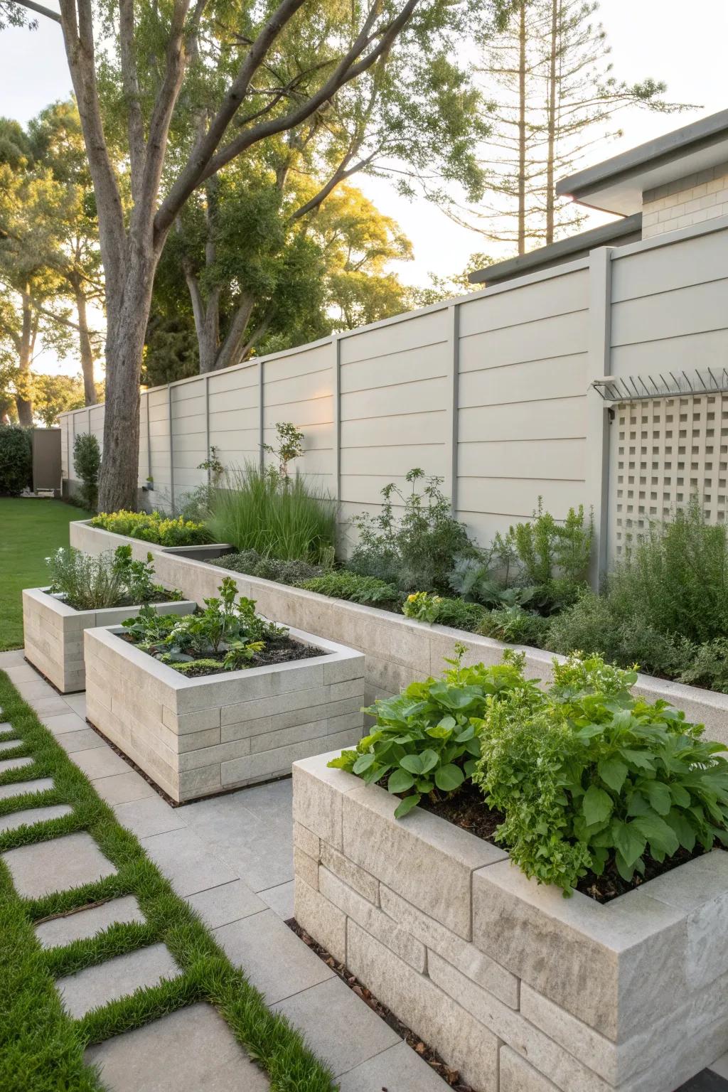 Raised planters provide space for a variety of plants in a modern setting.