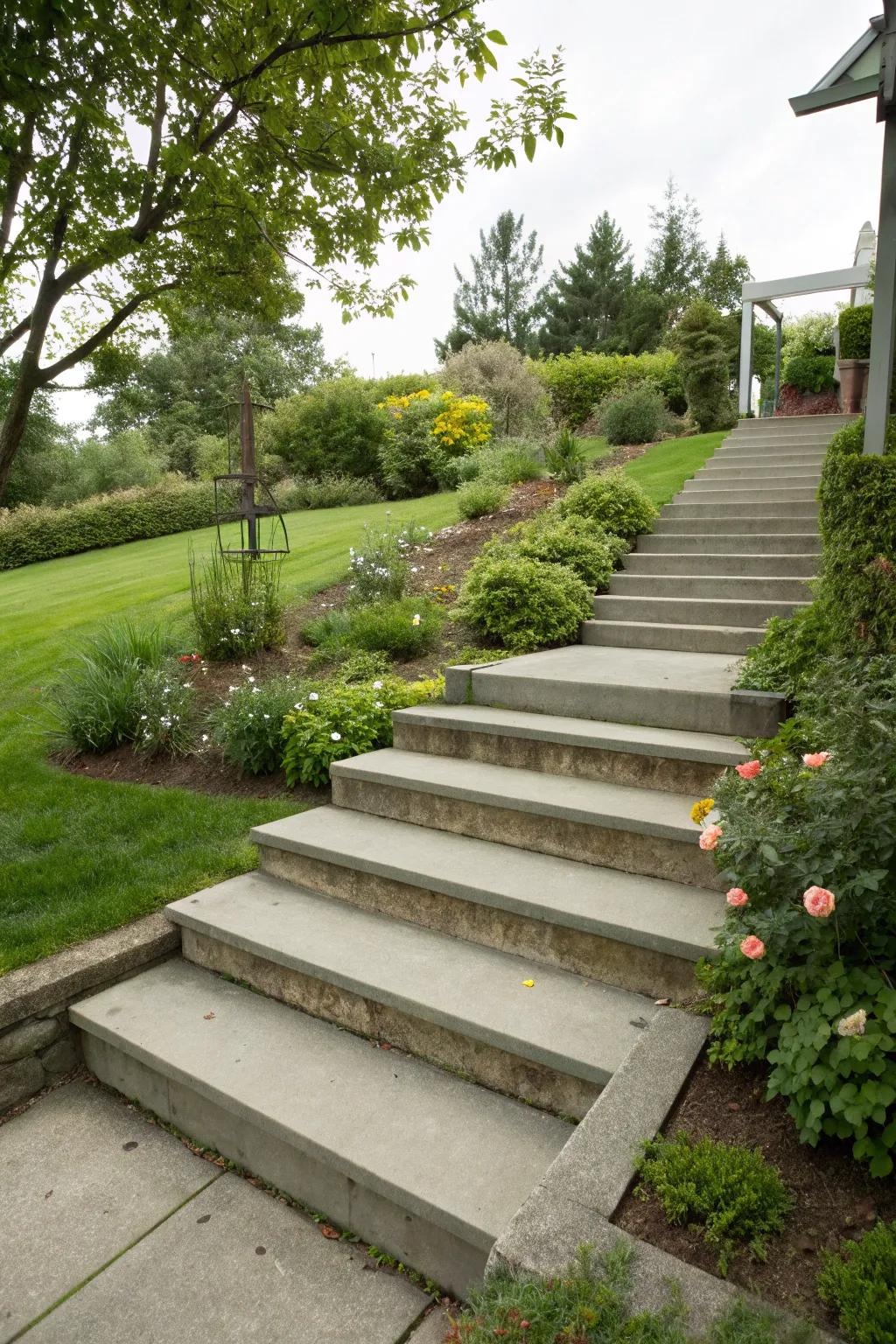 Durable concrete stairs designed to withstand the elements beautifully.