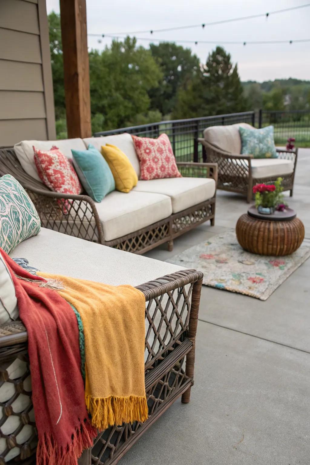 Decorative accents like cushions and throws personalize your patio.