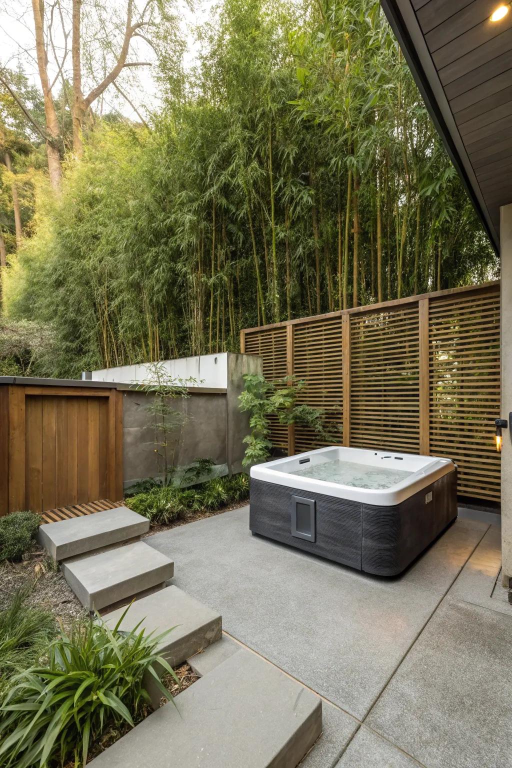 Stylish privacy screens ensure a secluded experience on a concrete patio with a hot tub.