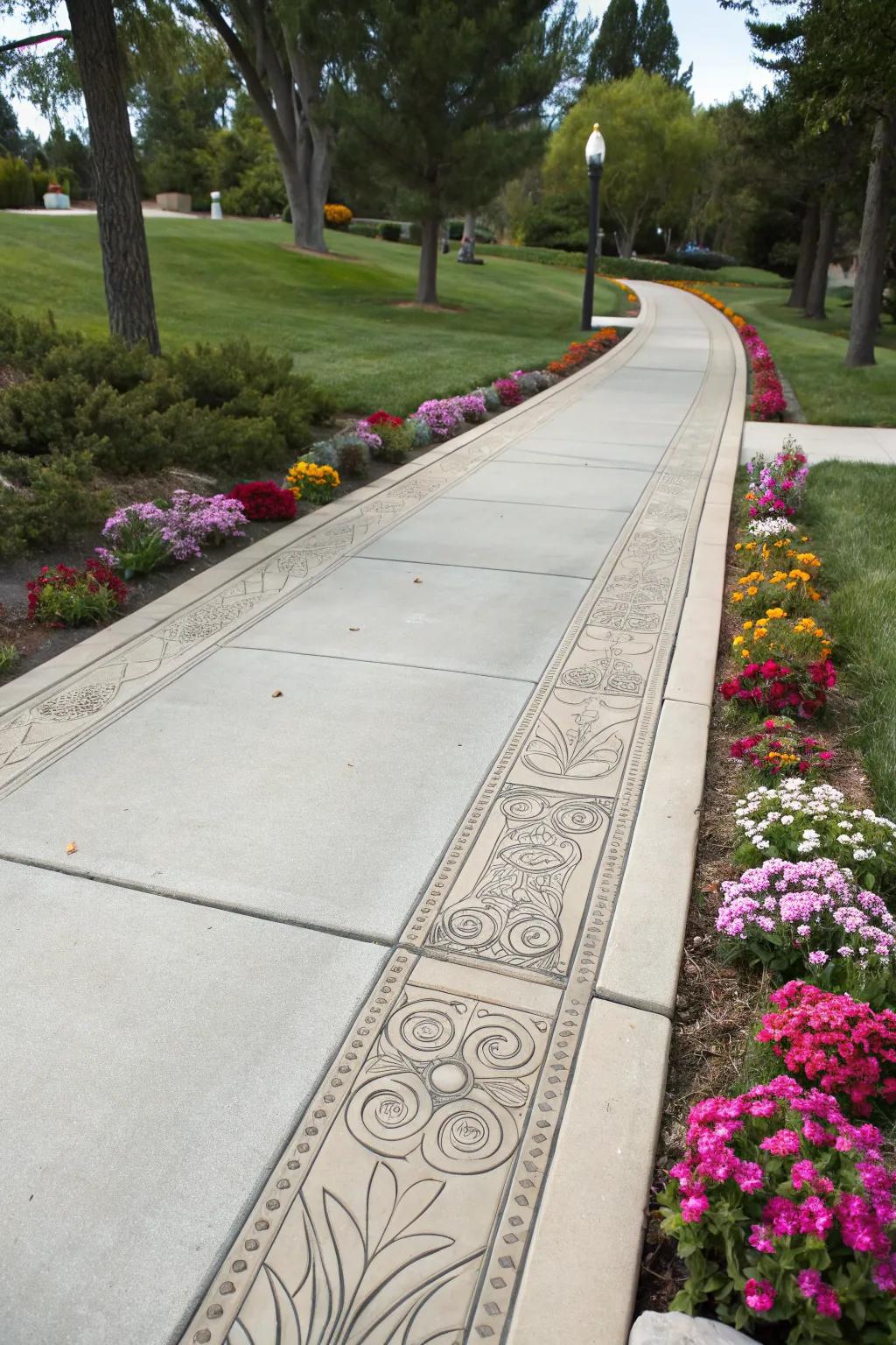 Get creative with DIY concrete stamps for custom patterned edges.