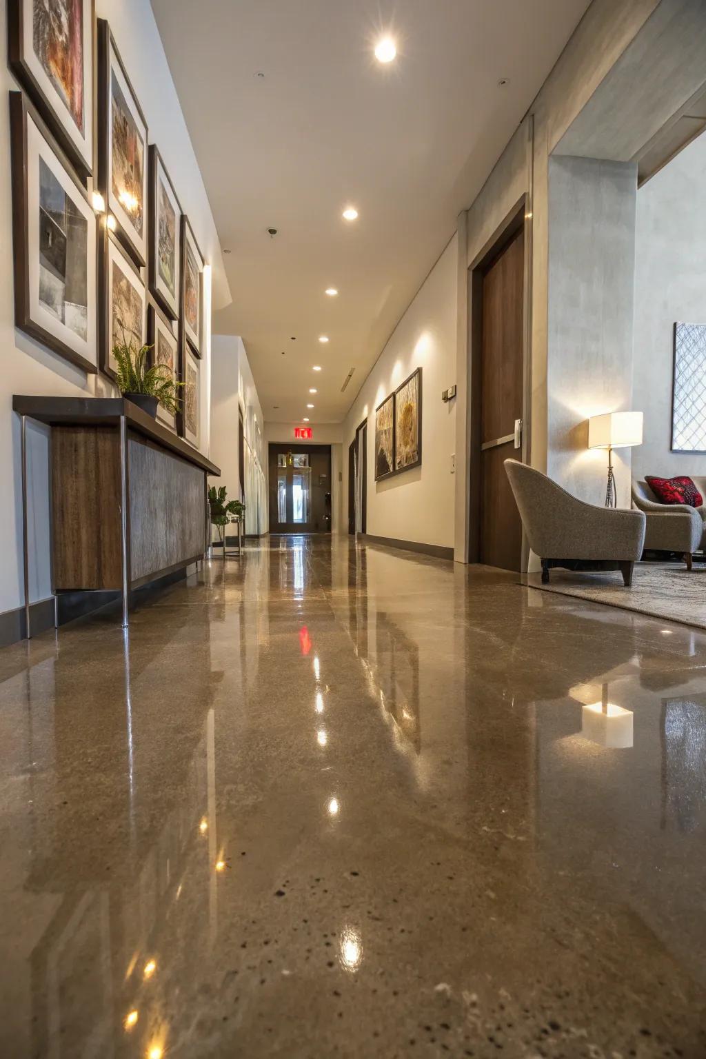 A glossy finish brings sleekness and sophistication to concrete floors.