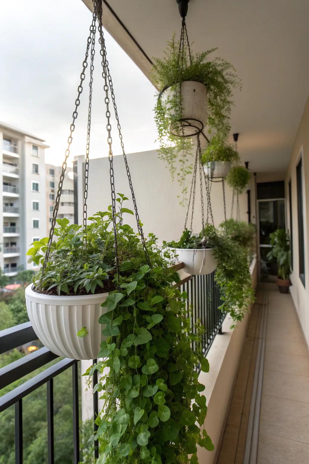 Hanging planters add lushness without using floor space in a condo backyard.
