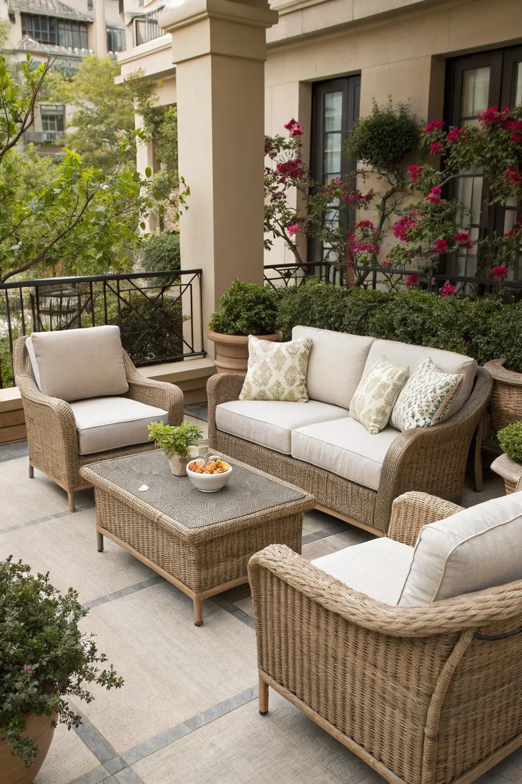 A condo patio styled with natural rattan textures.
