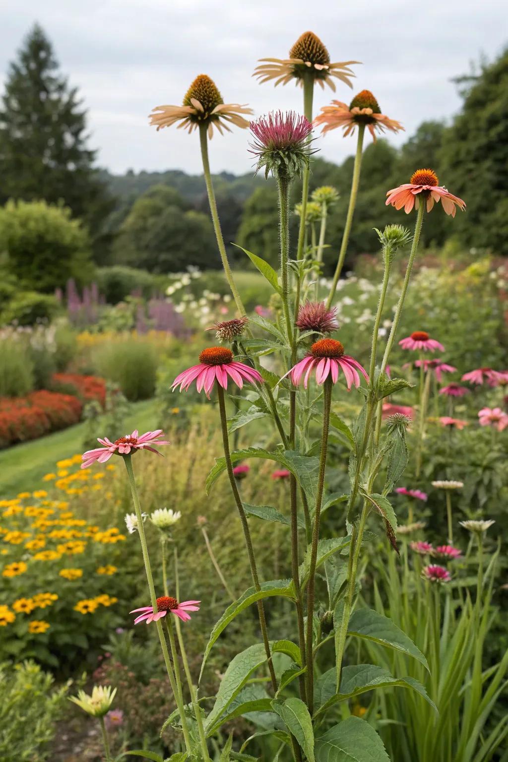 Tall coneflowers adding vertical interest to a garden.
